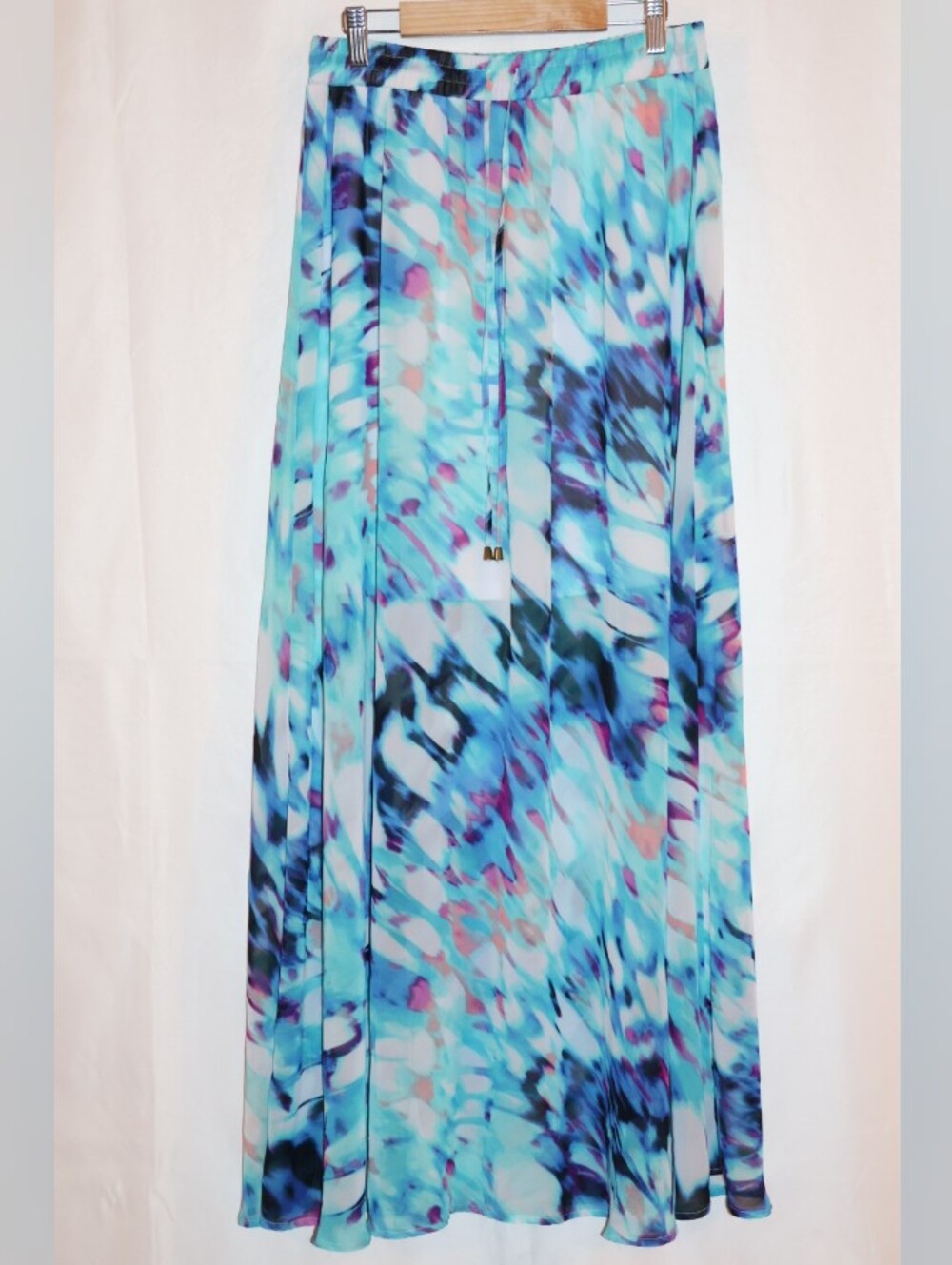 Worthington Watercolor Blue Aqua Multi-Print A-line Chiffon Maxi Skirt.
